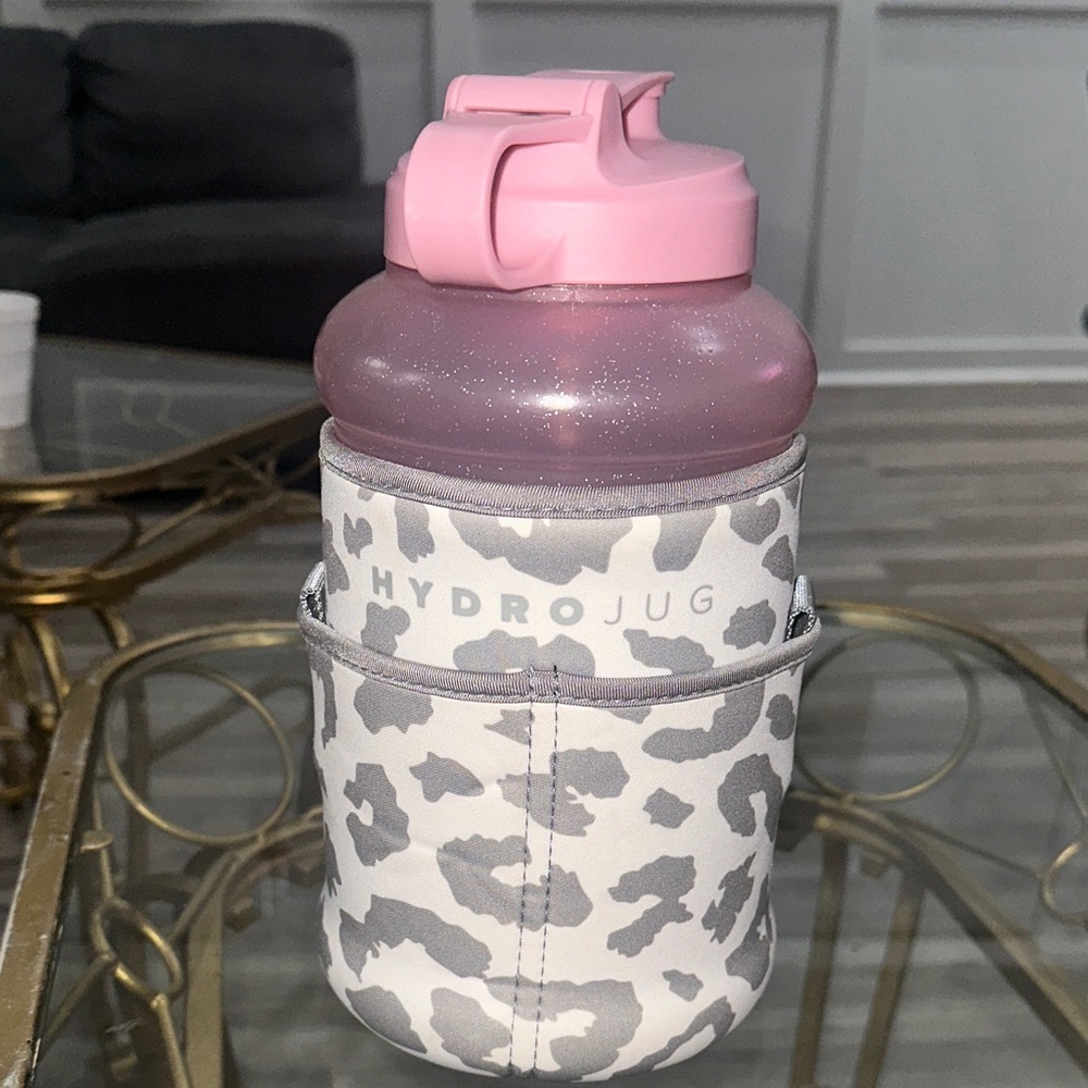 HydroJug Pink Glitter Water Bottle with Gray Leopard Sleeve